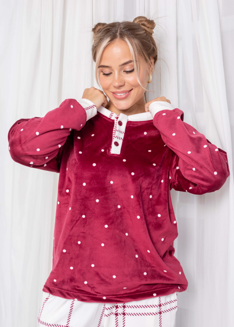 Padded Velvet Pajama Set – Burgundy & White Pattern