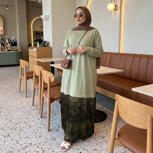 Premium Milton Tunic Dress with Pleated Satin Skirt Tail