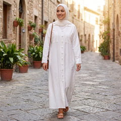 Classic Linen Long Shirt - Elegant Front-Button Maxi Tunic & Modest Dress