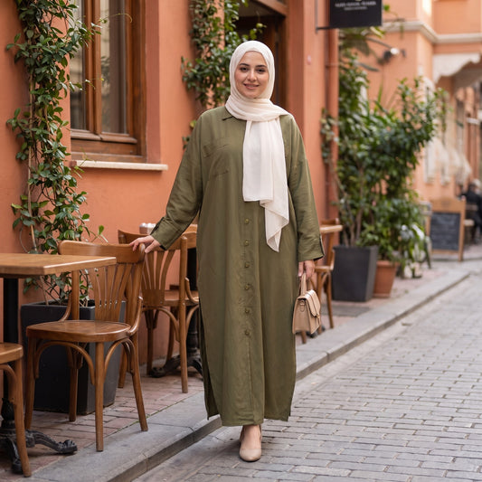 Classic Linen Long Shirt - Elegant Front-Button Maxi Tunic & Modest Dress