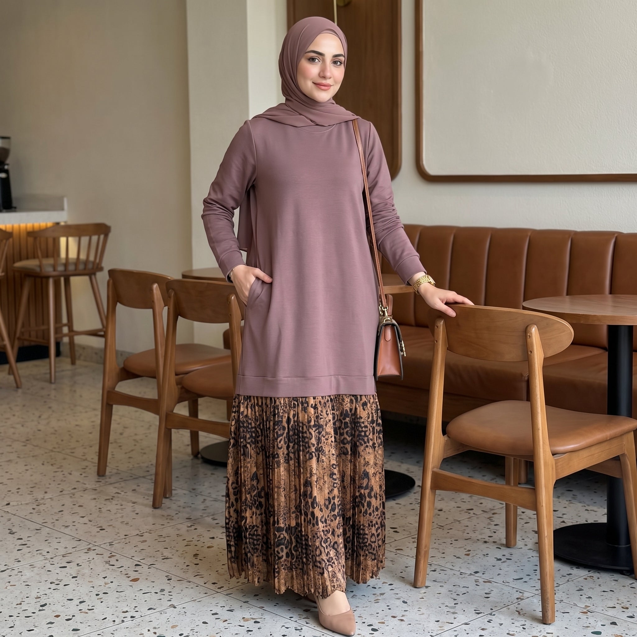 Model wearing Milton Tunic Dress with Satin Pleats | عارضة ترتدي فستان تونيك ميلتون بكسرات ساتان – view 5 | لقطة 5
