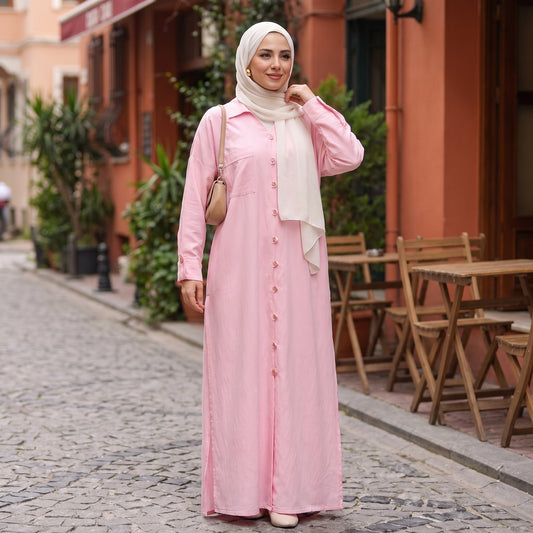 Classic Linen Long Shirt - Elegant Front-Button Maxi Tunic & Modest Dress
