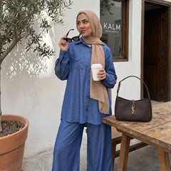 Casual Denim Suit - Long-Sleeve Shirt & Wide-Leg Pants 2-Piece Set