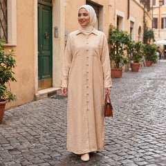 Classic Linen Long Shirt - Elegant Front-Button Maxi Tunic & Modest Dress