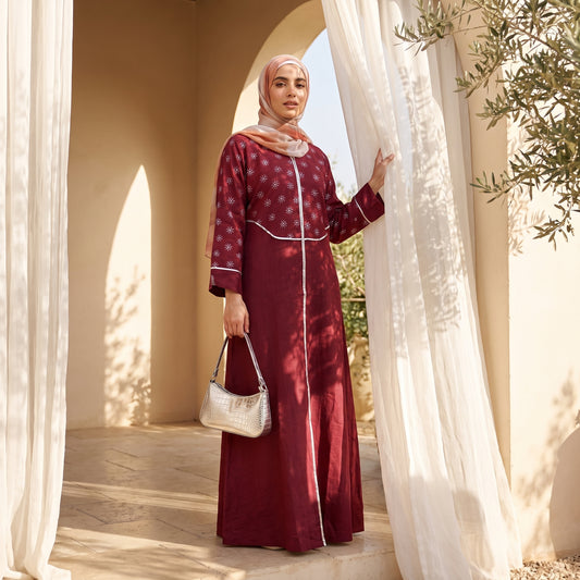 Linen Abaya with Embroidered Upper Layer