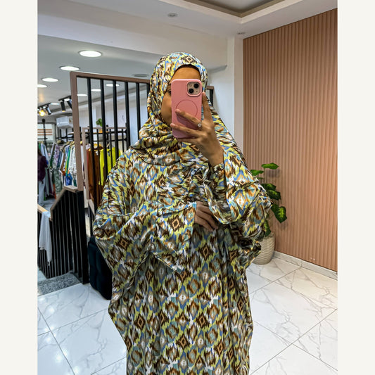إسدال ستان معينات أزرق وبني بطرحة متصلة | Blue & Brown Diamond Satin Isdal with attached hijab