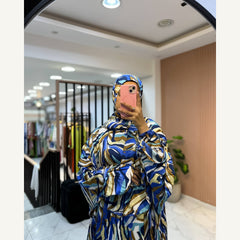 إسدال ستان تموجات زرقاء بطرحة متصلة | Blue Waves Satin Isdal with attached hijab