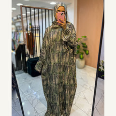 إسدال ستان ريش زيتي بطرحة متصلة | Olive Feather Satin Isdal with attached hijab