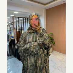 إسدال ستان ريش زيتي بطرحة متصلة | Olive Feather Satin Isdal with attached hijab