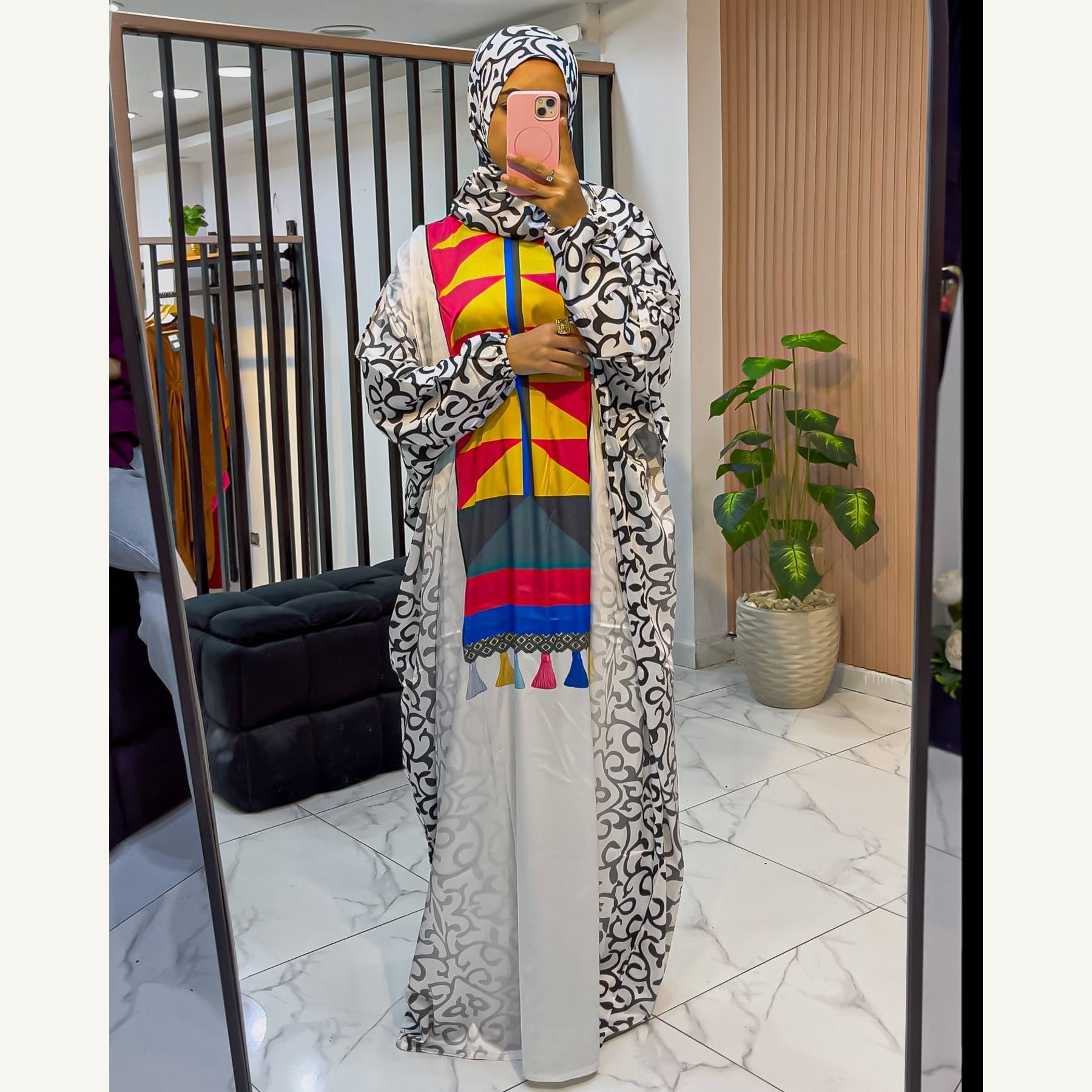 إسدال ستان زخارف ملونة بطرحة متصلة | Ornamental Color Satin Isdal with attached hijab