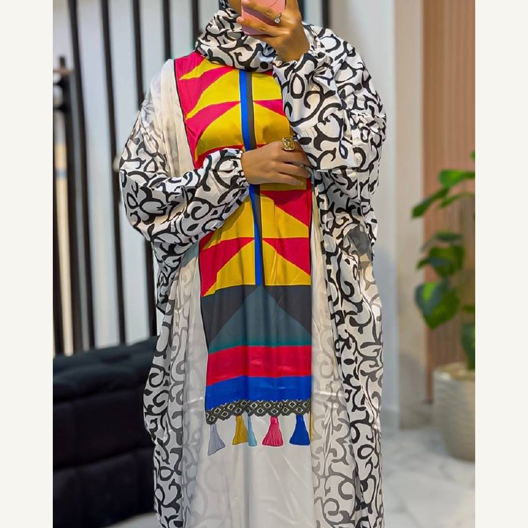 إسدال ستان زخارف ملونة بطرحة متصلة | Ornamental Color Satin Isdal with attached hijab