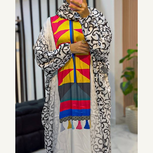 إسدال ستان زخارف ملونة بطرحة متصلة | Ornamental Color Satin Isdal with attached hijab