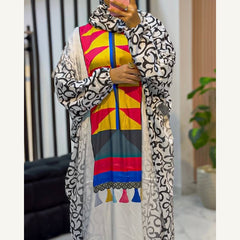 إسدال ستان زخارف ملونة بطرحة متصلة | Ornamental Color Satin Isdal with attached hijab
