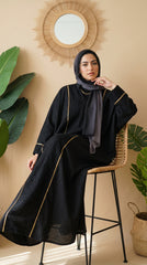 Premium Linen & Guipure Abaya - Elegant One-Size Modest Long Dress with Gold Trim