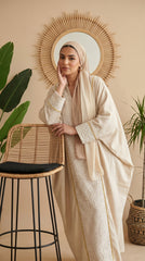Premium Linen & Guipure Abaya - Elegant One-Size Modest Long Dress with Gold Trim