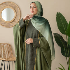 Premium Linen & Guipure Abaya - Elegant One-Size Modest Long Dress with Gold Trim