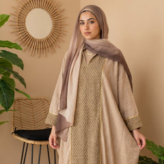 Premium Linen & Guipure Abaya - Elegant One-Size Modest Long Dress with Gold Trim