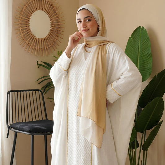 Premium Linen & Guipure Abaya - Elegant One-Size Modest Long Dress with Gold Trim