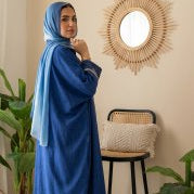 Premium Linen & Guipure Abaya - Elegant One-Size Modest Long Dress with Gold Trim