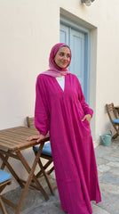 Cotton V-Neck Modest Dress with Side Pockets