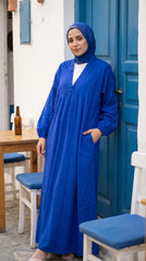 Cotton V-Neck Modest Dress with Side Pockets
