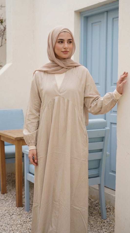 Cotton V-Neck Modest Dress with Side Pockets