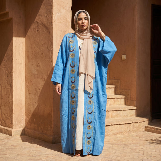 Embroidered Linen Cardigan – Blue Oriental Statement Piece