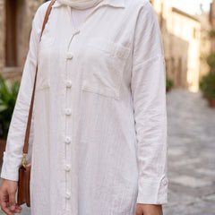 Classic Linen Long Shirt - Elegant Front-Button Maxi Tunic & Modest Dress