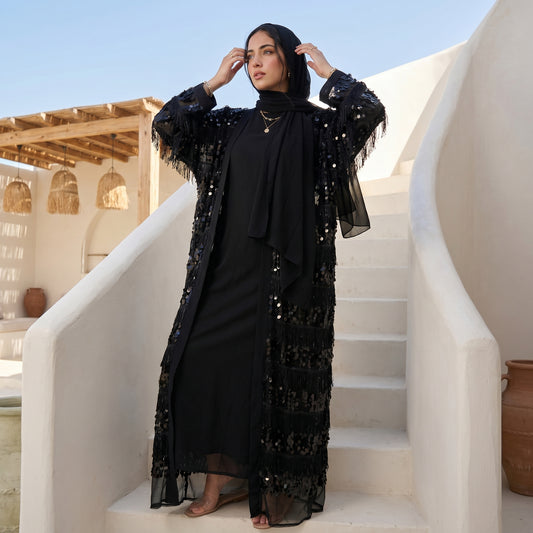Black Chiffon Cardigan – Free Size with Sequins