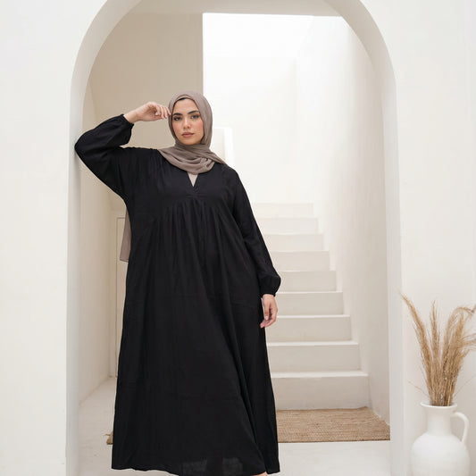 Cotton V-Neck Modest Dress with Side Pockets