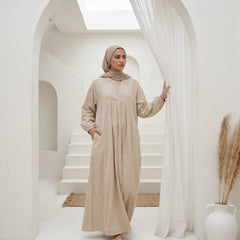 Cotton V-Neck Modest Dress with Side Pockets