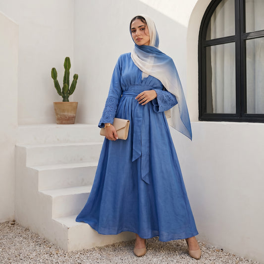 Blue Linen Dress with Embroidered Sleeves