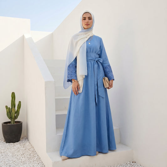 Blue Linen Dress with Embroidered Sleeves