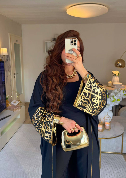 Black & Gold Arabic Pattern Abaya – Luxury Statement Piece