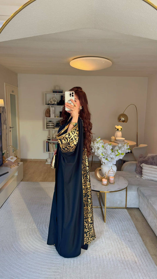 Black & Gold Arabic Pattern Abaya – Luxury Statement Piece