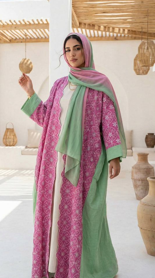 Floral Linen Cardigan – Pink & Green