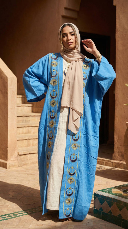 Embroidered Linen Cardigan – Blue Oriental Statement Piece
