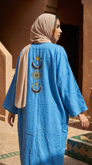 Embroidered Linen Cardigan – Blue Oriental Statement Piece