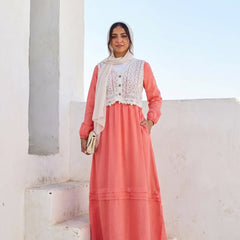 Elegant Modest Dress with Embroidered Lace Vest