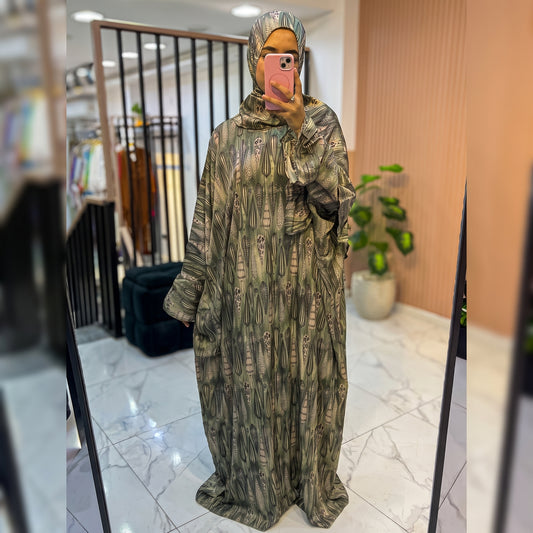 One-Piece Satin Prayer Isdal – Abstract Print with Attached Scarf (Free Size)