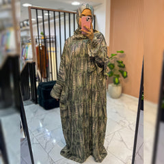 One-Piece Satin Prayer Isdal – Abstract Print with Attached Scarf (Free Size)