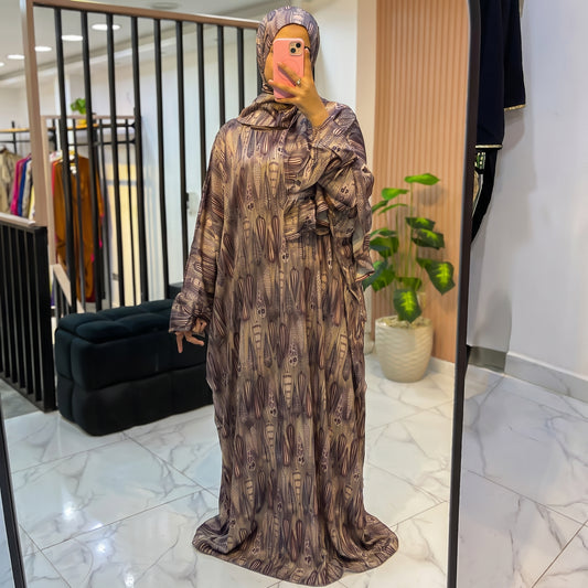One-Piece Satin Prayer Isdal – Abstract Print with Attached Scarf (Free Size)