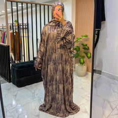 One-Piece Satin Prayer Isdal – Abstract Print with Attached Scarf (Free Size)