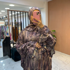 One-Piece Satin Prayer Isdal – Abstract Print with Attached Scarf (Free Size)