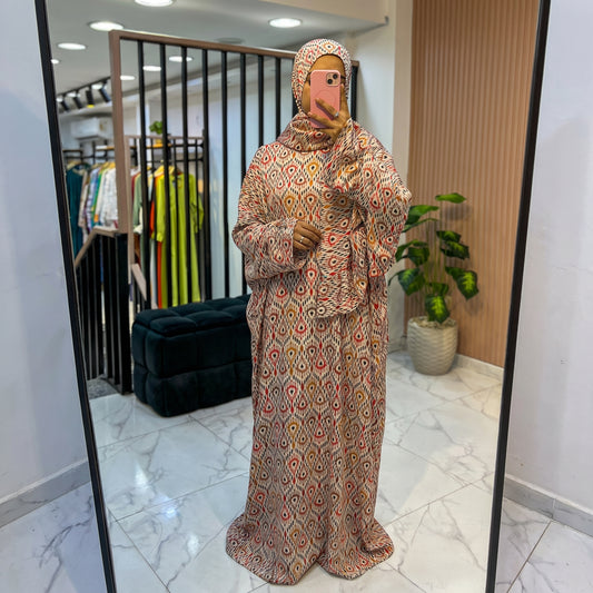 One-Piece Satin Prayer Isdal – Geometric Print with Attached Scarf (Free Size)