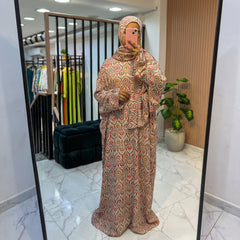 One-Piece Satin Prayer Isdal – Geometric Print with Attached Scarf (Free Size)