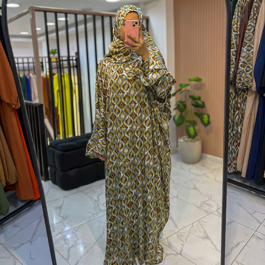 One-Piece Satin Prayer Isdal – Geometric Print with Attached Scarf (Free Size)