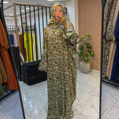 One-Piece Satin Prayer Isdal – Geometric Print with Attached Scarf (Free Size)