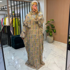 One-Piece Satin Prayer Isdal – Geometric Print with Attached Scarf (Free Size)
