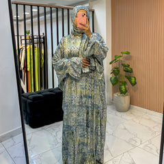 Satin Prayer Isdal with Attached Scarf – Vintage Mosaic Print | Free Size 55–120 kg